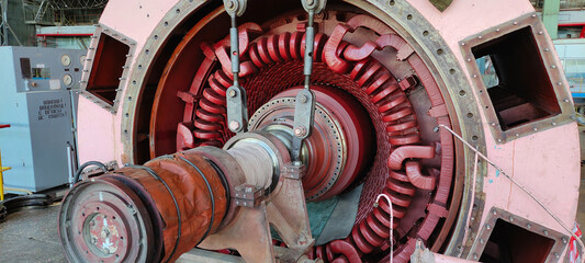 power generator of industrial steam turbine in reparation process at thermal electric power plant
