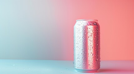 close up photo of a pink soda can with water drops on pure pastel background with copyspace