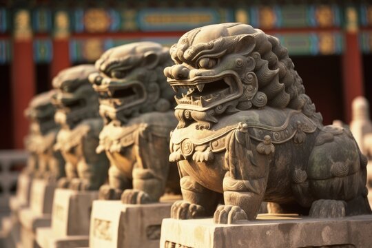 A detailed shot of the lion statues at the Forbidden City in Beijing, China.