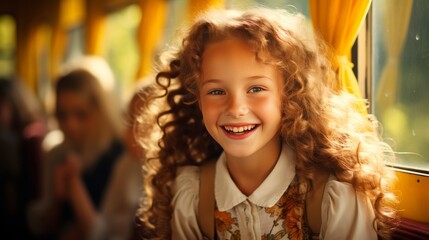 Fototapeta premium Happy schoolgirl boarding bus, back to school concept, smiling student getting on yellow school bus