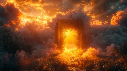 This is a three-dimensional rendering depicting a wooden gate in thick smoke, which appears to be clouds, leading to a portal to the underworld. The portal edge is glowing yellow. The sun rises on - obrazy, fototapety, plakaty