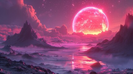 An abstract space background with nebulas and stars. A futuristic fantasy landscape set with a planet, neon light, and a cold planet. 3D rendering.