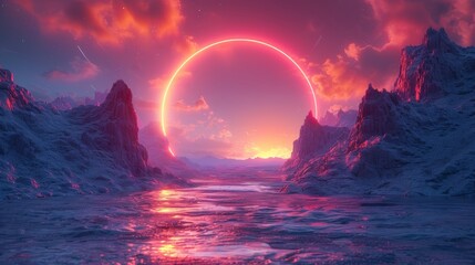 A fantastic landscape with an abstract backdrop to it. A portal to another world, neon landscapes, a golden section, a fairy realm. A 3D render of the scene. - obrazy, fototapety, plakaty