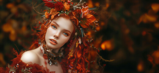An autumn portrait of a girl wearing a wreath made of leaves, flowers, and berries