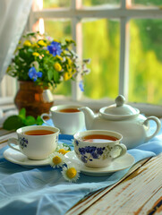 A serene setting of a morning tea session. Two cups of freshly brewed tea, accompanied by a white teapot, rest on a wooden table adorned with a blue cloth - 763900668