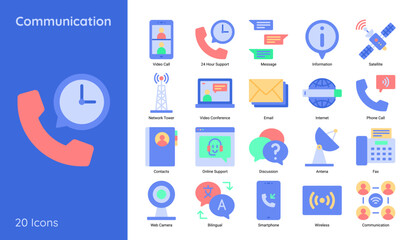 Communication Icon Set Including Video Call, Email, Internet, Phone Call and More in Flat Style