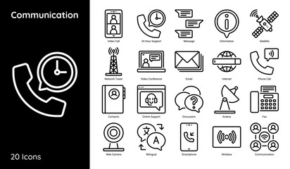 Communication Icon Set Including Video Call, Email, Internet, Phone Call and More in Line Style - obrazy, fototapety, plakaty