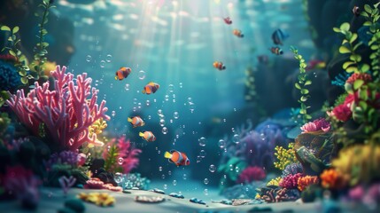 Obraz na płótnie Canvas Underwater coral reef scenery with tropical fish and sunbeams, digital art. Marine ecosystem and aquatic life concept. Design for aquarium backdrop