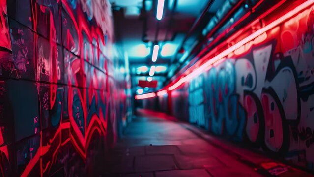 A graffiticovered tunnel lined with neon lights showcasing the talent of local street artists and their creative expressions.