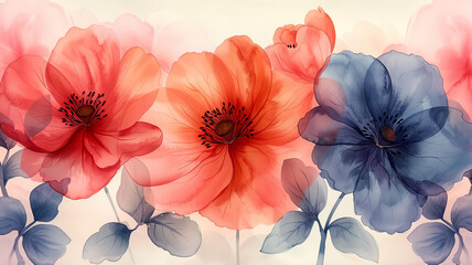 Red and blue flowers painting on white background