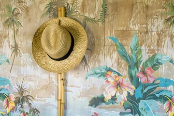 straw hat on a bamboo hook against a wall with a tropical mural