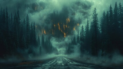 Detailed raster illustration of a road in the forest after a forest fire. The road is surrounded by clouds of smoke after the fire. Saturday, evil spirits, frightening scenery.