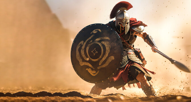 Spartan man in gladiator helmet and red long cloak standing with round shield and spear in hands. Strong roman warrior in battle dress. 1 one, alone greek legionary warrior ready to fight.