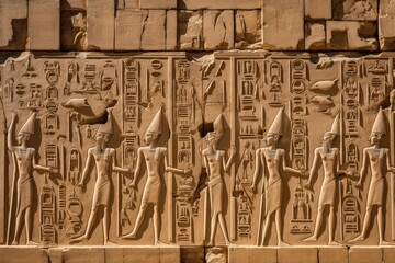 The detailed reliefs on the Temple of Karnak in Luxor, Egypt.