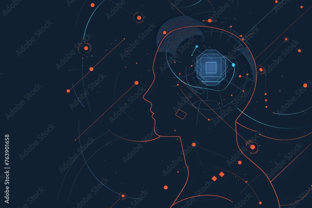Poster Silhouette of a head with neural chip connection points, technology concept