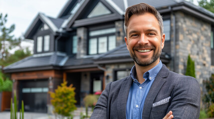 Smiling male real estate agent with a beautiful house in the background - obrazy, fototapety, plakaty