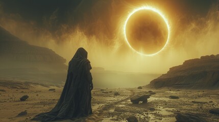 In a foggy desert against a dark sky, a man wearing a black hooded robe watches a solar eclipse. 3D render.
