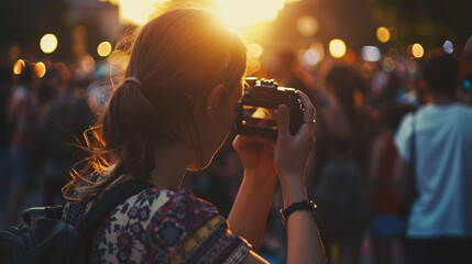 a summer music festival-goer capturing memories with a vintage film camera - obrazy, fototapety, plakaty