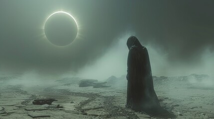 Shadow of a man in a hooded robe against a foggy desert and dark sky. 3D render.