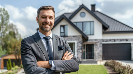 Smiling male real estate agent with a beautiful house in the background