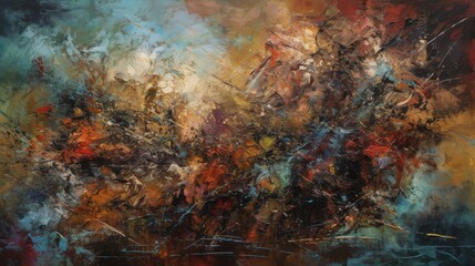 An abstract canvas alive with a turmoil of colors, featuring rich textures and a sense of movement, blending earth tones with splashes of vibrant hues