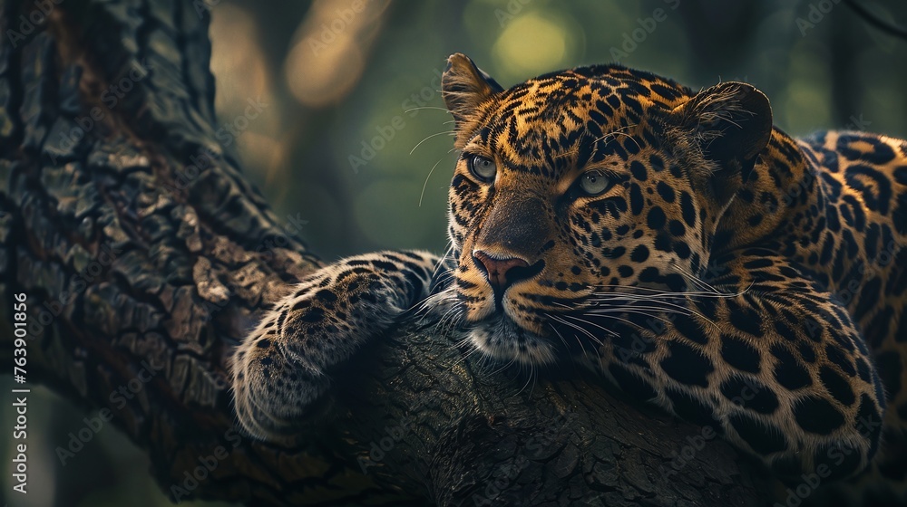 Wall mural the serene face of a wild leopard resting on a tree branch in the forest a moment of calm in the wil