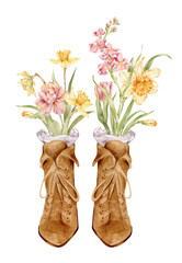 Beautiful watercolor flowers in vintage boots. Watercolor flowers, yellow daffodils and pink tulips. Greeting card, floral poster, florist design