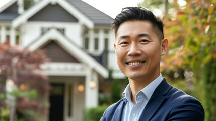 Smiling asian male real estate agent with a beautiful house in the background