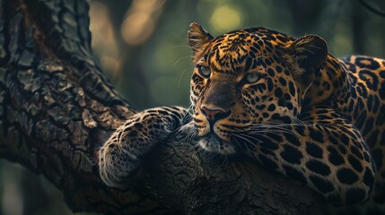 the serene face of a wild leopard resting on a tree branch in the forest a moment of calm in the...