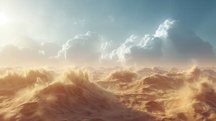 Sand storm, sand clouds in a fantasy desert landscape. 3D render. Raster illustration.