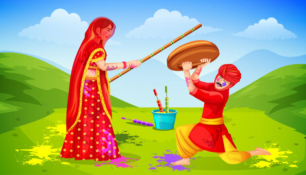 Vector design of Indian people celebrating the color festival of India Lathmar Holi. Happy Holi celebration