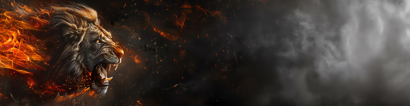 A roaring Lion Fantasy banner featuring Ashes, Embers, and Flames on a Black smokey Canvas. Fantasy Wildlife as a Poignant Representation of Climate Change, copy space for text