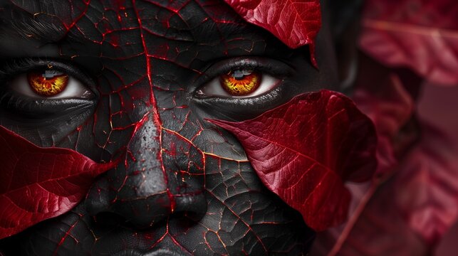 face of a black young girl with skin make of red and black leafs texture on a white background, reptile yellow eyes