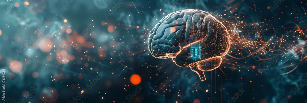 Poster human brain with neuralink chip amidst a network of glowing connections