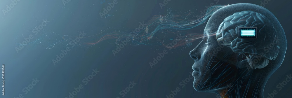 Poster A human profile with neuralink chip, depicting advanced brain-computer interface