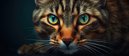 A closeup of a domestic shorthaired cats face with stunning blue eyes gazing into the camera, showcasing its whiskers, snout, and fur - obrazy, fototapety, plakaty
