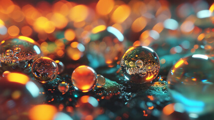 blue background with dew drops and shinny glass glob