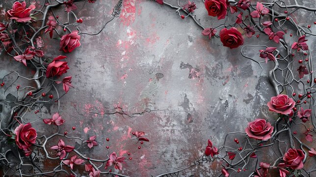 Gray and pink concrete grainy wall surface background. Intricate creative floral frame with red roses. Vignette fantasy rose frame. Twigs, branches, leaves, ivy, vines intertwined with lush flowers