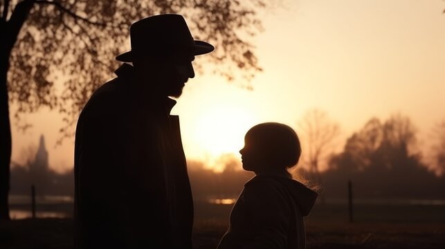 An adult and child are silhouetted against a sunset, standing in a field with a diffuse backdrop of trees and distant structures