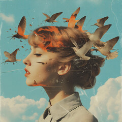 Portrait of a young woman with birds flying above the head. Abstract retro styled cut out photo collage poster design