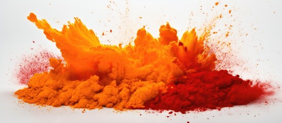 A vibrant pile of amber and orange powder, resembling a geological phenomenon, sits on a white surface. It could be an ingredient for a recipe, art project, or cuisine event - obrazy, fototapety, plakaty