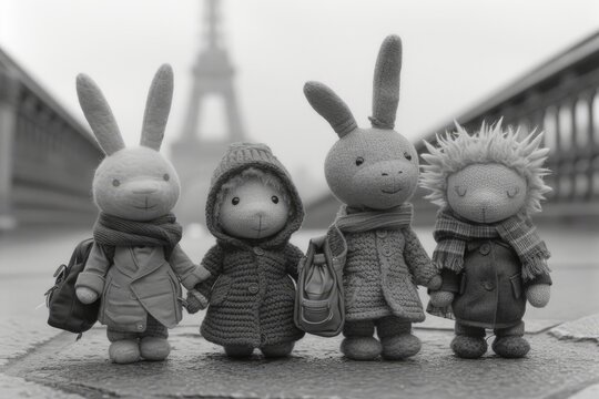 Black white photo of plush animals and dolls on Paris street background. travel guide for kids and young families.
