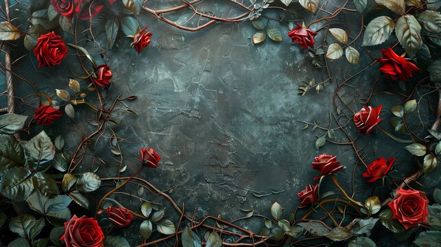 Fantasy mystery gray grunge background slate wall. Intricate creative floral frame with red roses. Vignette fantasy rose frame. Twigs, branches, leaves, ivy, vines intertwined with lush flowers