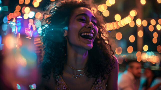model laughing with a drink in their hand, the festival lights twinkling in their eyes