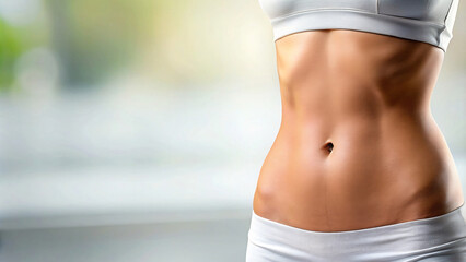 Fototapeta na wymiar Slim woman , showcasing fitness and healthy lifestyle, with focus on her toned abdomen and waist