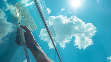 cleaning window with squeegee blue sky closeup, windows cleaning closeup, windows cleaning service, cleaning service, window cleaning promotion banner, cleaning background, window cleaning background