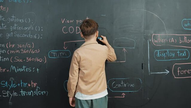 Back view of smart boy writing engineering prompt on blackboard. Attractive happy student planing a project by using coding and programing system in STEM technology classroom. Closeup. Erudition.