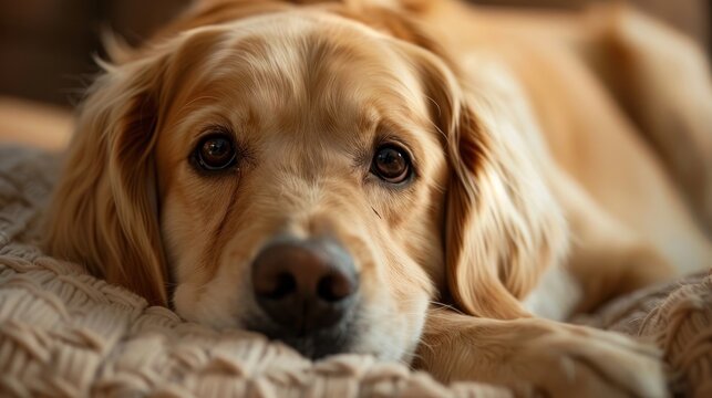 A closeup shot of dog lying down and looking quietly on the camera
