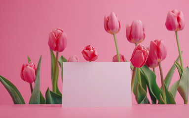 pink tulips with card on pink solid background