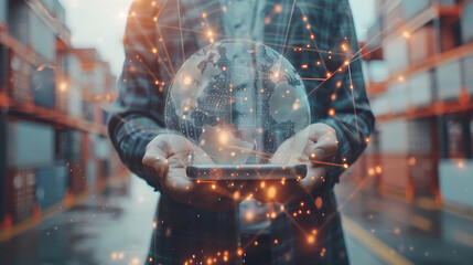 Photo close up of businessman hands holding pad with abstract digital logistics delivery and transportation hologram with globe and network on blurry dock background double exposure. Generative Ai